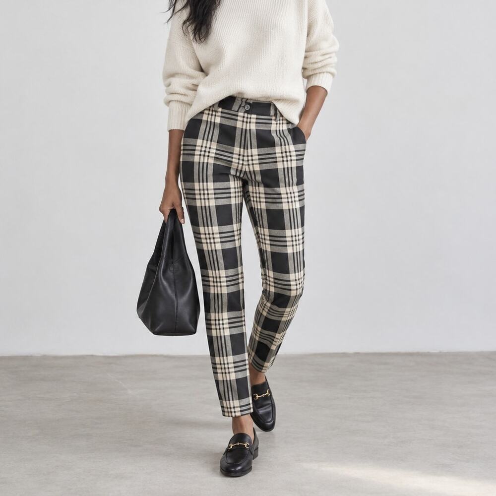 Brian Dales Pants Womens IT 44/M Black/Cream Check Plaid Wool Mid-rise Chino NWT